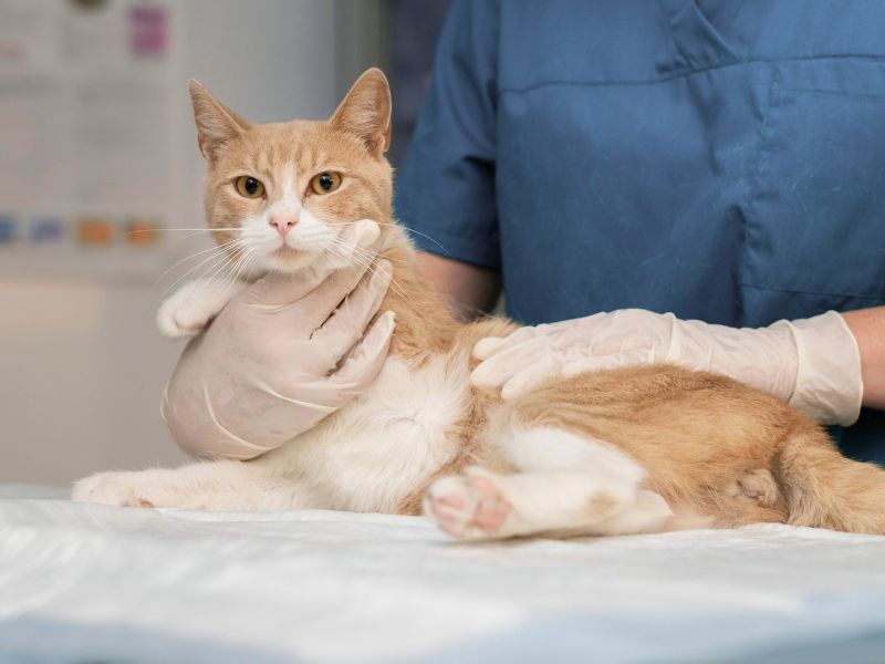 Vet feeling a cat's leg
